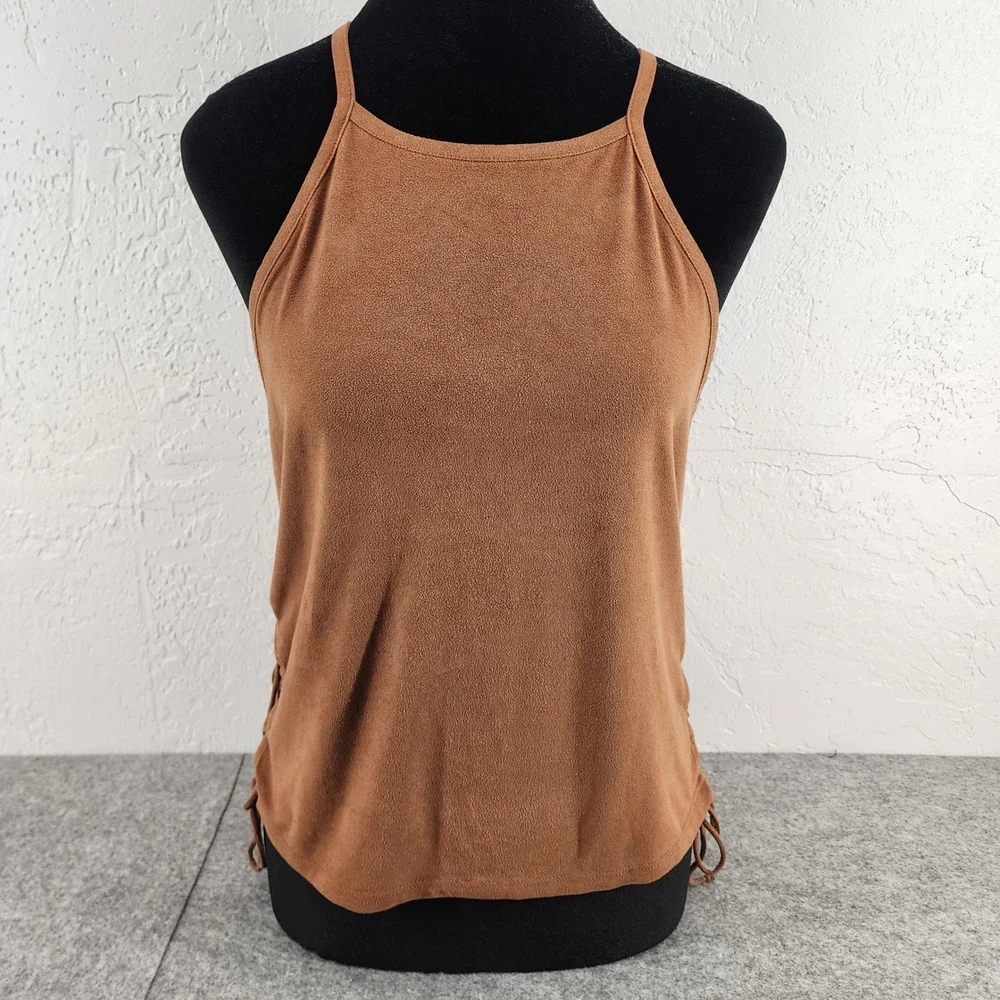 American Eagle Faux Suede Lace Up Side High Neck Tank Top Brown Womens Large